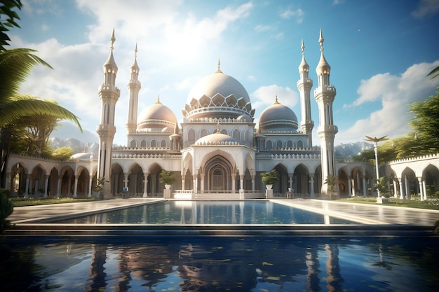 Beautiful mosque in a beautiful place with blue sky background generative ai