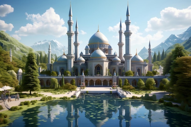 Beautiful mosque in a beautiful place with blue sky background generative ai