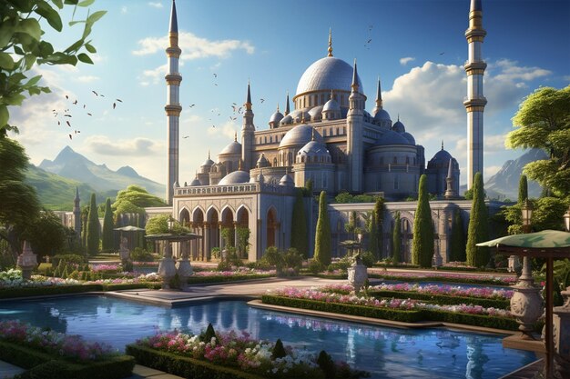 Beautiful mosque in a beautiful place with blue sky background generative ai