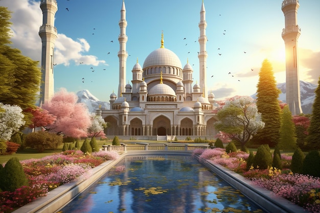 Beautiful mosque in a beautiful place with blue sky background generative ai