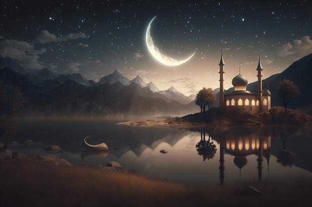 A beautiful mosque by the lake with a moon and stars