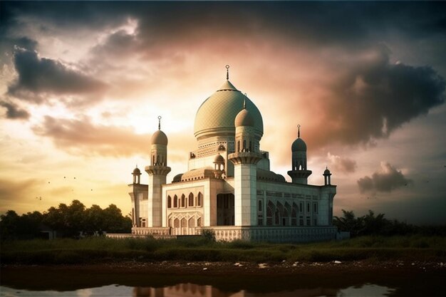 A beautiful mosque in the evening with a cloudy sky