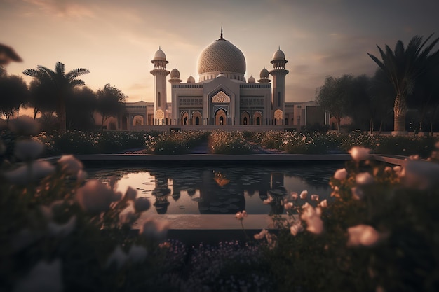 A beautiful mosque in the evening with a pond and flowers.