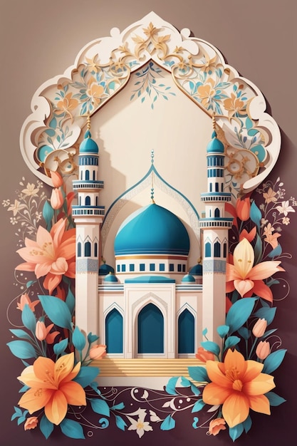 A beautiful mosque featuring vibrant flowers and leafy foliage