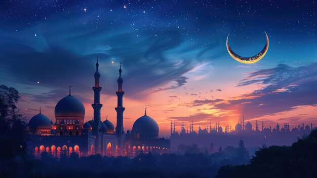 A beautiful mosque is silhouetted against a crescent moon and a starry night sky