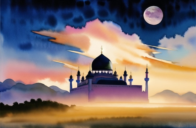 Beautiful Mosque Night Background for Ramadan Kareem Eid Mubarak Muslim Festival of Ramzan Watercolor Islamic Concept Banner of Masjid Islamic architecture Generative AI