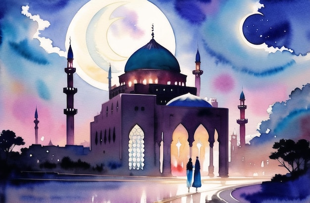 Beautiful Mosque Night Background for Ramadan Kareem Eid Mubarak Muslim Festival of Ramzan Watercolor Islamic Concept Banner of Masjid Islamic architecture Generative AI