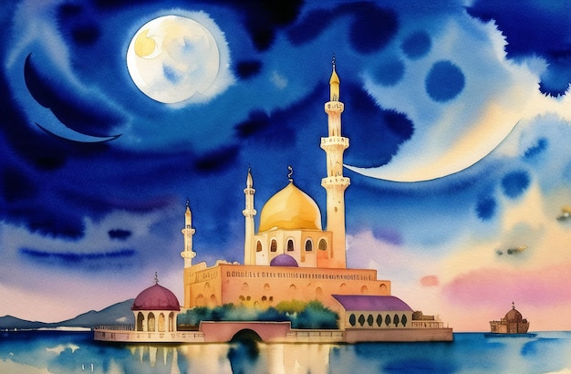 Beautiful Mosque Night Background for Ramadan Kareem Eid Mubarak Muslim Festival of Ramzan Watercolor Islamic Concept Banner of Masjid Islamic architecture Generative AI