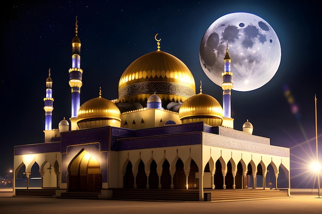 Beautiful Mosque Night time Background Ramadan Kareem Eid Mubarak Islamic architecture Generative AI