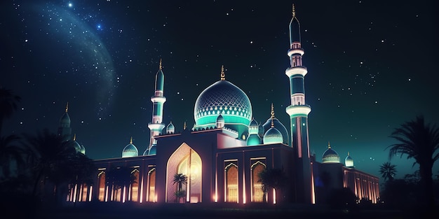 beautiful mosque at night with colorful glowing lights behind starry night