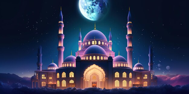 beautiful mosque at night with colorful glowing lights behind starry night