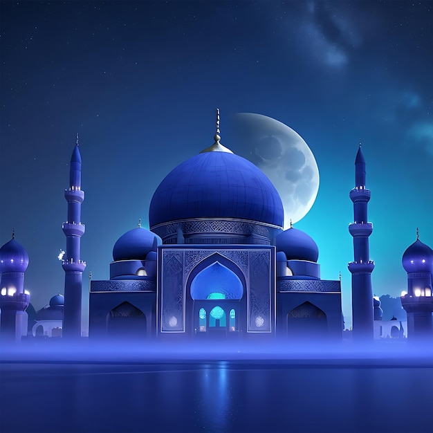 A beautiful mosque in the night with a full moon in the background