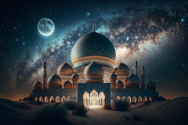 beautiful mosque at night with milky way sky background