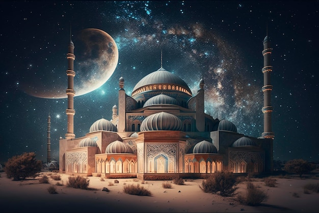 beautiful mosque at night with milky way sky background