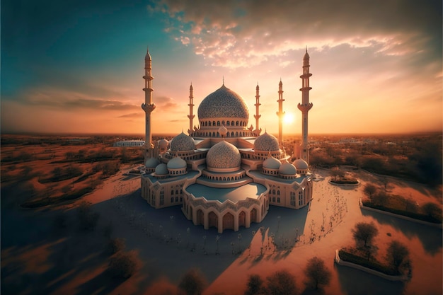 beautiful mosque photos sunset sunny landscape, creative ai