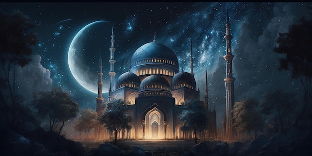 beautiful mosque behind starry night