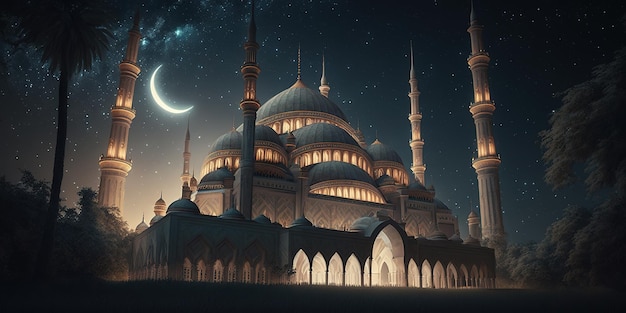 beautiful mosque behind starry night