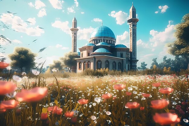 A beautiful mosque in the vibrant flowers digital art illustration