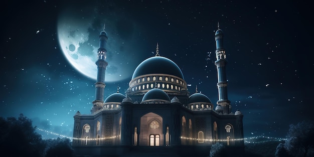 beautiful mosque with glowing lights at night behind starry night sky ramadan kareem background