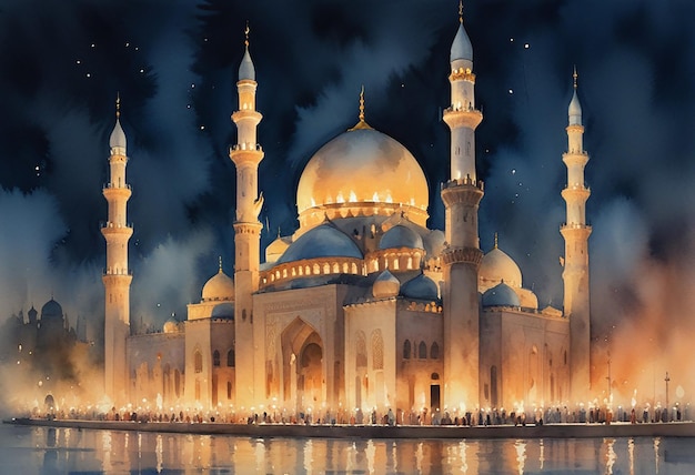 a beautiful mosque with a night sky and the moon in the background