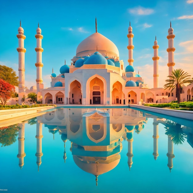 Beautiful Mosque with a pond of blue water under blue sky illustration Generative AI