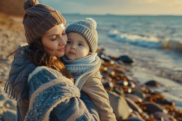 Beautiful mother and child enjoying outdoor play by the sea