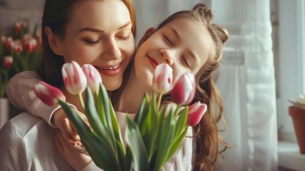 Beautiful mother and daughter are hugging and smiling while holding tulips at home