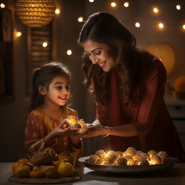 A beautiful mother and daughter picking a laddo