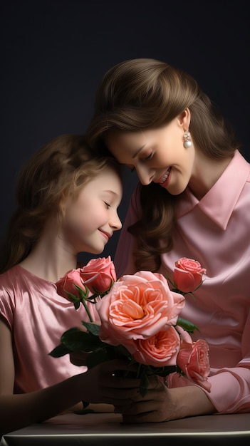 Beautiful mother and daughter with bouquet of flowers on dark background