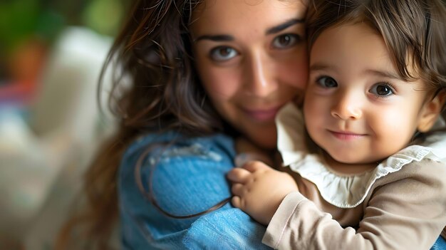 Beautiful mother and her child The mother is smiling and has long brown hair The child is looking at the camera and has big brown eyes