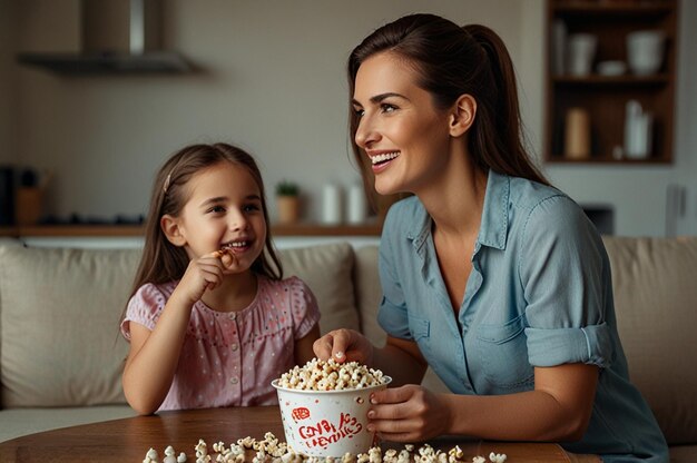 Photo beautiful mother and her daughters eating popcorns at home