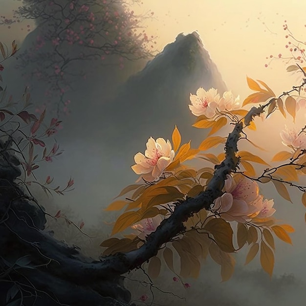 Beautiful mountain flowers plants reservoir painting images Generative AI