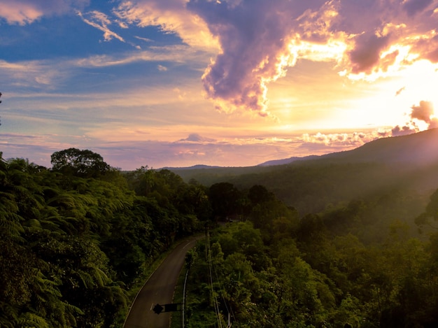 Beautiful mountain forest sunset landscape with road