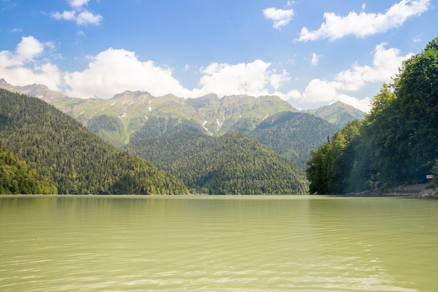 Beautiful mountain lake in nature valley at summerbeautiful mountain lake ritsa lake ritsa in caucas