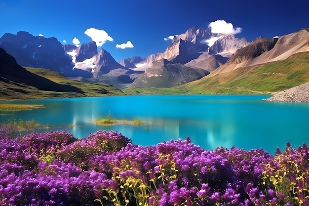 A beautiful mountain lake with a blue lake and purple flowers.