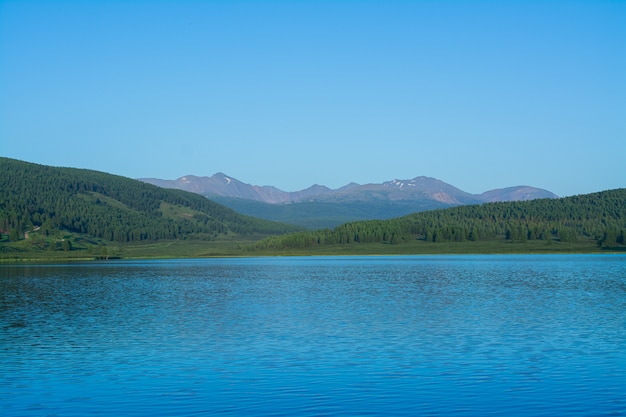 A beautiful mountain lake with reeds surrounded by mountain ranges and impenetrable forests. 