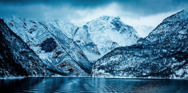 Beautiful mountain landscape norwegian fjords in winter