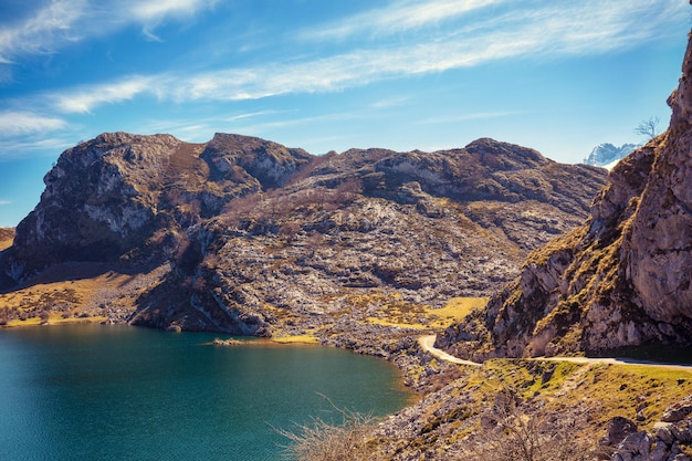 Beautiful mountain landscape Peaks of Europe Picos de Europa National Park A glacial Lake Enol Asturias Spain