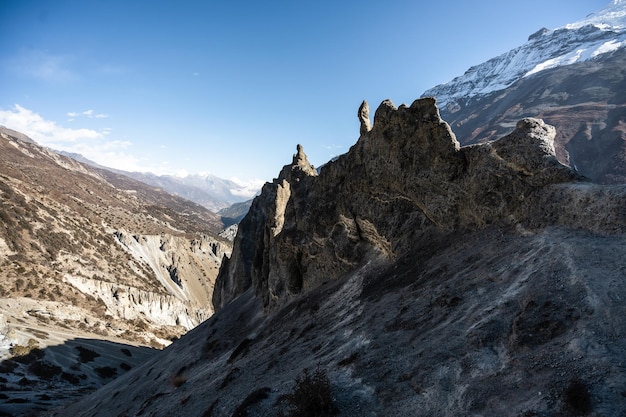 Beautiful mountain landscape with desert rocks and snowy peaks in Nepal