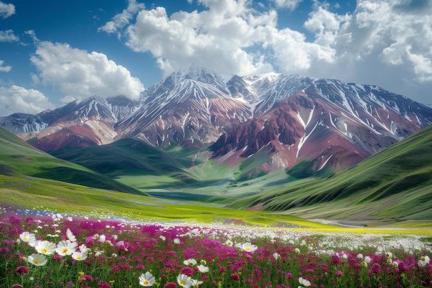 A beautiful mountain landscape with a field of flowers in the foreground