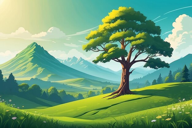 Photo beautiful mountain landscape with green hills bright sky meadow and big tree in the morning vector illustation