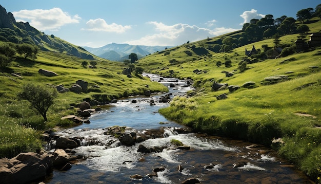 Beautiful mountain landscape with green meadows and flowing water generated by artificial intelligence