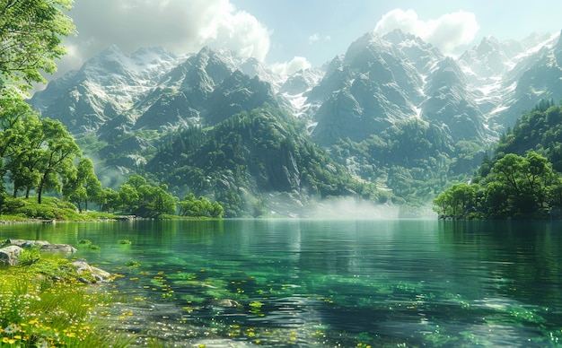 A beautiful mountain landscape with a lake in the foreground The water is clear and calm and the mountains in the background are covered in snow