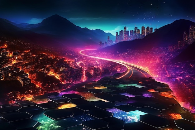 Beautiful Mountain Landscape with Modern Technology Transformation Concept and Galaxy