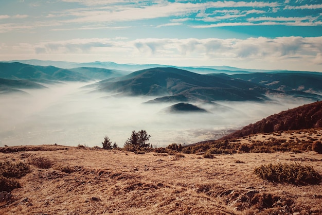 Beautiful mountain peaks in the morning mist