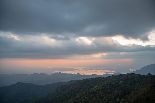 Beautiful mountain range and sunset on khao san nok wua kanchanaburiKhao San Nok Wua is the highest mountain in Khao Laem National Park It is 1767 meters above sea level