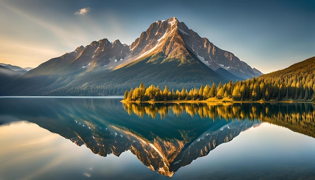 Beautiful mountain reflecting in calm lake water ideal for nature and landscape themes