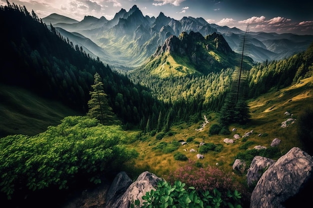 Beautiful mountain scenery with a natural park clouds and a forest