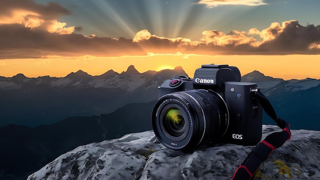 Beautiful mountain sunrise view with camera