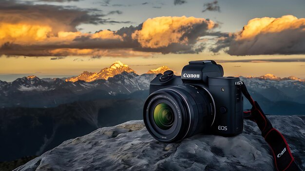 Beautiful mountain sunrise view with camera